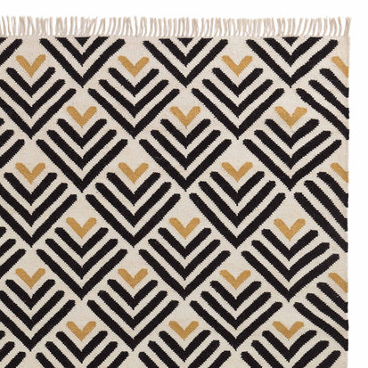 Caen rug, black & bright mustard & natural white, 90% wool & 10% cotton